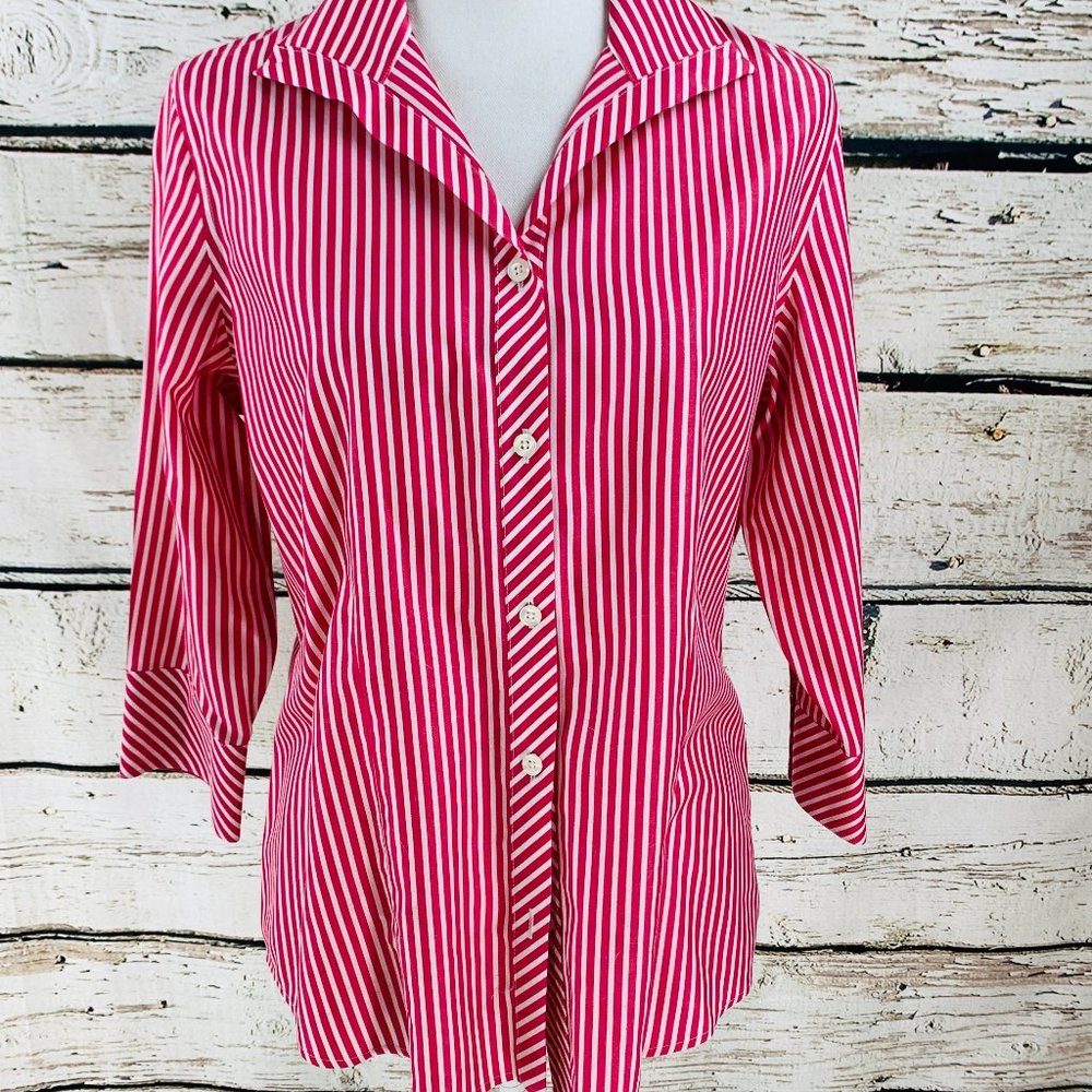 Chico's Women's Top Pink White Stripe 3/4 Sleeve M